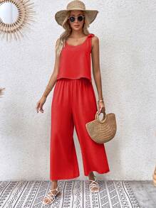 SHEIN LUNE 素色肩上打結背心上衣&闊腿褲 - 橘色 - 查看 4