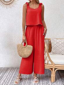 SHEIN LUNE 素色肩上打結背心上衣&闊腿褲 - 橘色 - 查看 5