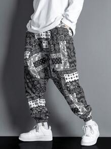 Claim Dot Pantalón holgado con estampado de paisley, pantalón de entrepierna suelta con corte entallado, pantalón holgado liso negro para salir, pantalón bombín para hombre - Negro - Ver 4