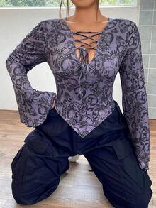 SHEIN ICON Plus Halloween Skull & Floral Print Lace Up Front Hanky Hem Tee - Multicolor - View 4