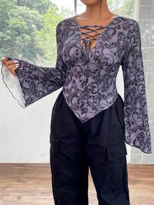 SHEIN ICON Plus Halloween Skull & Floral Print Lace Up Front Hanky Hem Tee - Multicolor - View 5