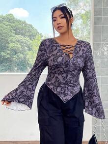 SHEIN ICON Plus Halloween Skull & Floral Print Lace Up Front Hanky Hem Tee - Multicolor - View 6
