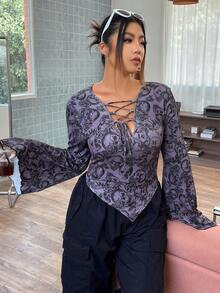SHEIN ICON Plus Halloween Skull & Floral Print Lace Up Front Hanky Hem Tee - Multicolor - View 7