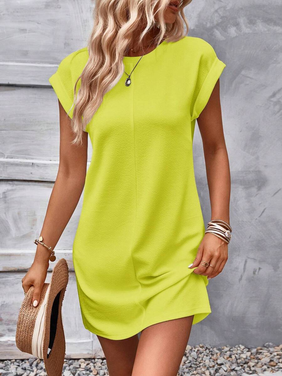 Solid Batwing Sleeve Tunic Dress - Lime Green - View 1