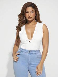 SHEIN SXY 深V領前扭結鏤空連身背心 - 白色 - 查看 3