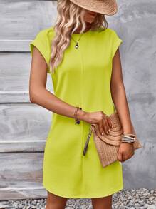 Solid Batwing Sleeve Tunic Dress - Lime Green - View 4