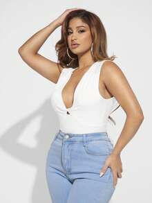 SHEIN SXY 深V領前扭結鏤空連身背心 - 白色 - 查看 4