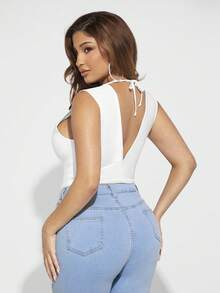 SHEIN SXY 深V領前扭結鏤空連身背心 - 白色 - 查看 5