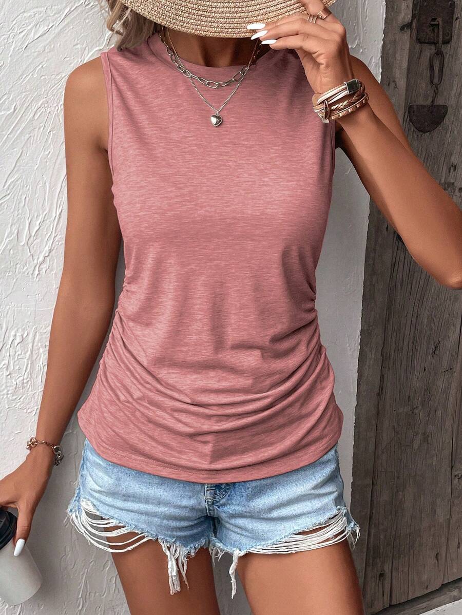 SHEIN LUNE Solid Ruched Tank Top - Pink - View 1