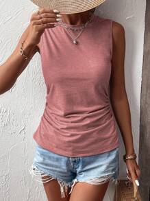 SHEIN LUNE Solid Ruched Tank Top - Pink - View 4
