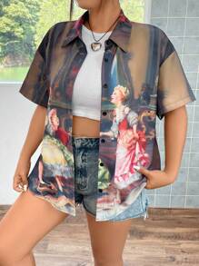 Flirla Plus 夏季图案落肩衬衫 - 彩色 - 查看 4