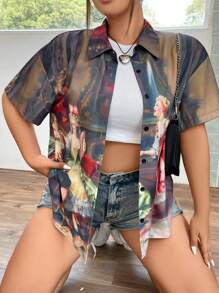 Flirla Plus 夏季图案落肩衬衫 - 彩色 - 查看 5