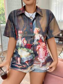 Flirla Plus 夏季图案落肩衬衫 - 彩色 - 查看 7