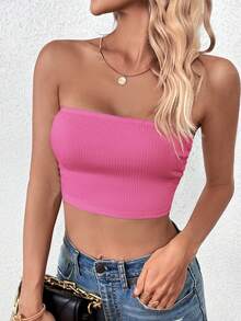 Chiquease Chất rắn Áo Tube Crop - Màu Hồng Tươi - Xem 3