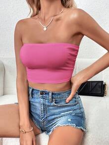 Chiquease Chất rắn Áo Tube Crop - Màu Hồng Tươi - Xem 4