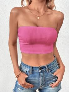 Chiquease Chất rắn Áo Tube Crop - Màu Hồng Tươi - Xem 5