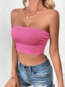 Chiquease Chất rắn Áo Tube Crop - Màu Hồng Tươi - Xem 6