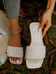 Dép đế bằng trang trí đính đá cho nữ, Dép trượt thủy tinh quyến rũ - trắng - Xem 1
