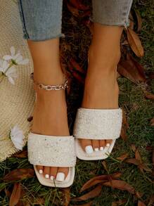 Dép đế bằng trang trí đính đá cho nữ, Dép trượt thủy tinh quyến rũ - trắng - Xem 2