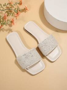 Dép đế bằng trang trí đính đá cho nữ, Dép trượt thủy tinh quyến rũ - trắng - Xem 3