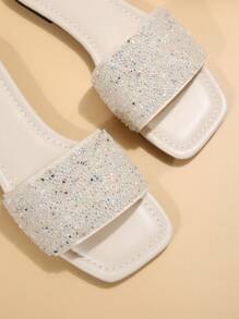 Dép đế bằng trang trí đính đá cho nữ, Dép trượt thủy tinh quyến rũ - trắng - Xem 4