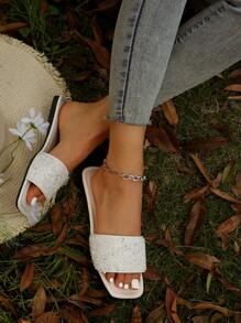 Dép đế bằng trang trí đính đá cho nữ, Dép trượt thủy tinh quyến rũ - trắng - Xem 5