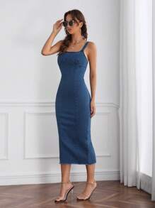 SHEIN Frenchy Tách rời Váy denim Cami - Màu xanh lam - Xem 3