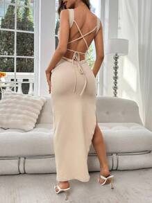 Allurite Đầm Maxi hở lưng xẻ đùi Crisscross dành cho nữ - Màu Khaki - Xem 6