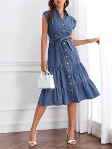SHEIN Privé Button Front Belted Ruffle Hem Denim Dress - Medium Wash - View 5