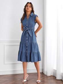 SHEIN Privé Button Front Belted Ruffle Hem Denim Dress - Medium Wash - View 3