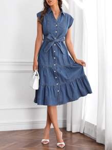 SHEIN Privé Button Front Belted Ruffle Hem Denim Dress - Medium Wash - View 4