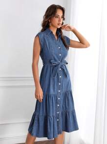 SHEIN Privé Button Front Belted Ruffle Hem Denim Dress - Medium Wash - View 6