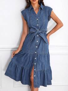 SHEIN Privé Button Front Belted Ruffle Hem Denim Dress - Medium Wash - View 1