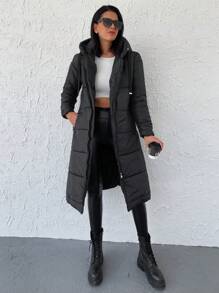 RueChic Zip Up Drawstring Hooded Puffer Coat - Black - View 1