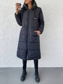 RueChic Zip Up Drawstring Hooded Puffer Coat - Black - View 3