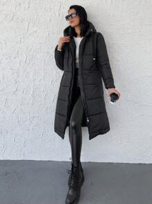 RueChic Zip Up Drawstring Hooded Puffer Coat - Black - View 4