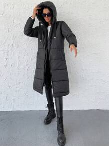 RueChic Zip Up Drawstring Hooded Puffer Coat - Black - View 5