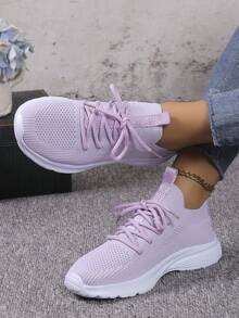 女士轻质网眼透气跑步鞋，舒适低帮厚底运动鞋 - 淡紫色 - 查看 3