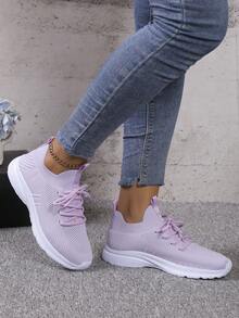 女士轻质网眼透气跑步鞋，舒适低帮厚底运动鞋 - 淡紫色 - 查看 4