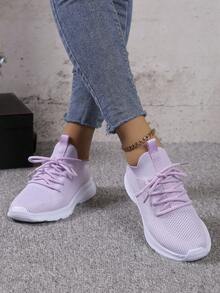 女士轻质网眼透气跑步鞋，舒适低帮厚底运动鞋 - 淡紫色 - 查看 5