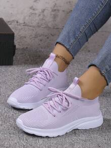 女士轻质网眼透气跑步鞋，舒适低帮厚底运动鞋 - 淡紫色 - 查看 6