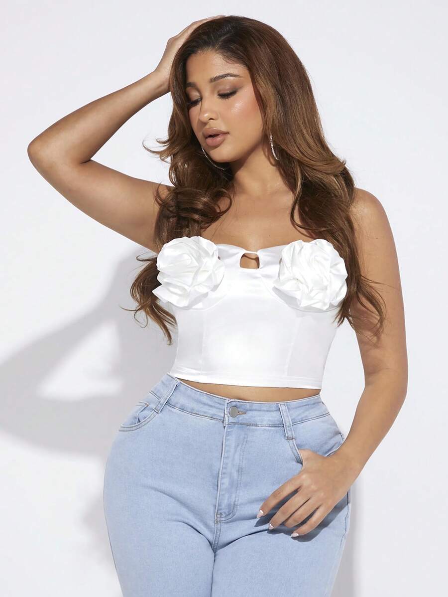 SHEIN SXY 立體花卉細節短款抹胸上衣 - 白色 - 查看 1