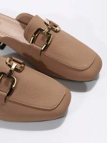 2025 秋季女士金属扣半拖鞋穆勒鞋，方头漆皮乐福鞋，优雅无后跟设计平底一脚蹬鞋，适合所有季节 - 卡其色 - 查看 5