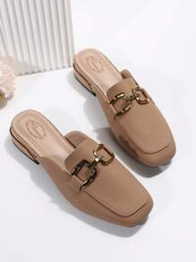 2025 秋季女士金属扣半拖鞋穆勒鞋，方头漆皮乐福鞋，优雅无后跟设计平底一脚蹬鞋，适合所有季节 - 卡其色 - 查看 8