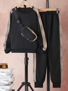 SHEIN 女大童格紋印花拼接側邊接縫衛衣和衛褲&包 - 黑色 - 查看 1