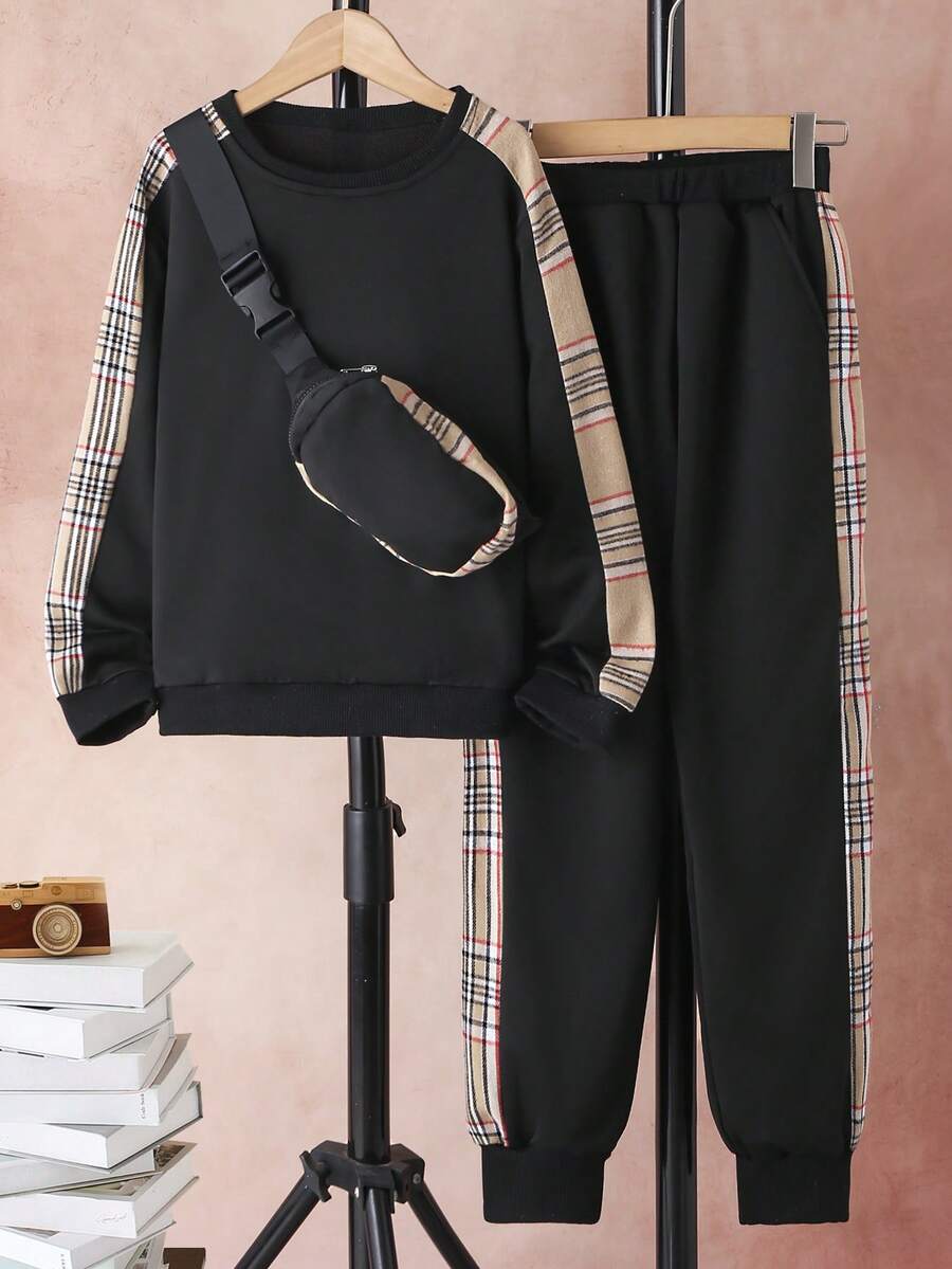 SHEIN 女大童格紋印花拼接側邊接縫衛衣和衛褲&包 - 黑色 - 查看 1