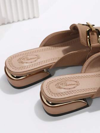 2025 Autumn Women Metal Buckle Half Slipper Mules, Square Toe Patent Leather Loafers, Elegant No Back Design Flat Slip-On Shoes, Suitable For All Seasons