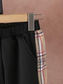 SHEIN 女大童格紋印花拼接側邊接縫衛衣和衛褲&包 - 黑色 - 查看 3