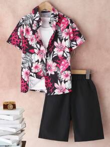 SHEIN Boys Tropical Print Shirt & Shorts Without Tee - Black - View 1