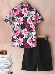 SHEIN Boys Tropical Print Shirt & Shorts Without Tee - Black - View 2